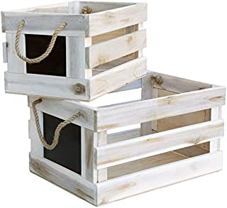 Modern Village White Wooden Crates Decorative Set with Chalk Face and Rope Handles, Rustic Storage Crates (18 and 15 Inch)