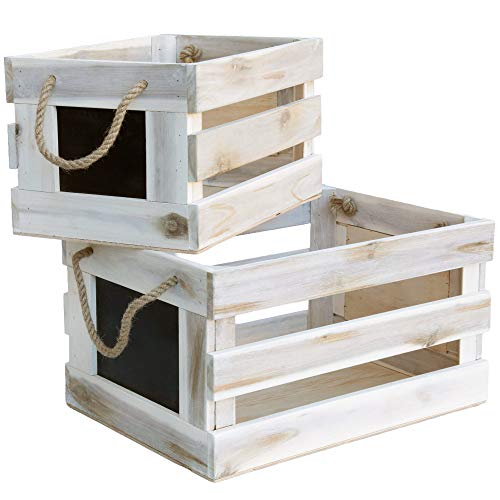 Modern Village White Wooden Crates Decorative Set with Chalk Face and Rope Handles, Rustic Storage Crates (18 and 15 Inch)