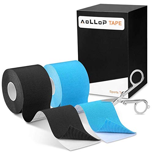 Kinesiology Tape (2 Uncut Rolls), Aollop Waterproof Sports Tape Physio Tape, Muscle Tape for Pain Relief, Muscle & Joint Support, 16.4ft Latex Free Elastic Therapeutic Tape with Scissor