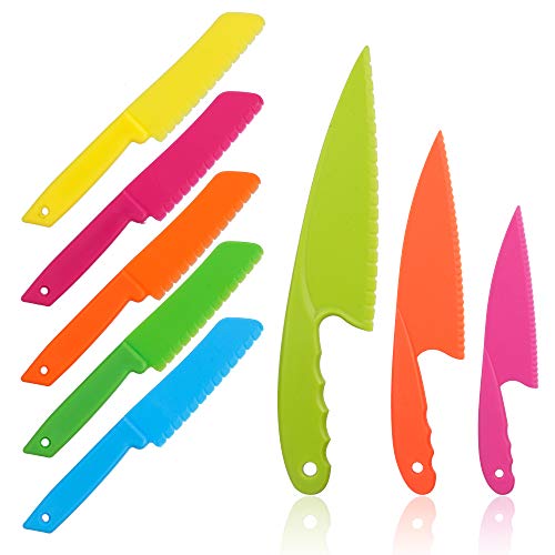 8 Pcs Kid Plastic Kitchen Knife Set for toddler, Toddlers Cooking Knives Children's Safe Cooking Chef Nylon Knives for Fruit, Bread,Cake,Salad,Lettuce Knife