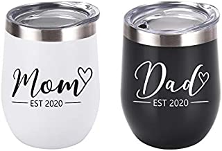 New Parents Gifts Wine Tumbler Set, Mom Dad Est 2020 Tumbler Gift Set for New Mom Baby Shower New Parents New Pregnancy Baby Announcement, 12 Oz Insulated Stainless Steel Wine Tumbler, Black and White