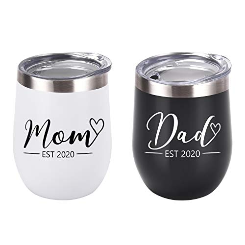 New Parents Gifts Wine Tumbler Set, Mom Dad Est 2020 Tumbler Gift Set for New Mom Baby Shower New Parents New Pregnancy Baby Announcement, 12 Oz Insulated Stainless Steel Wine Tumbler, Black and White