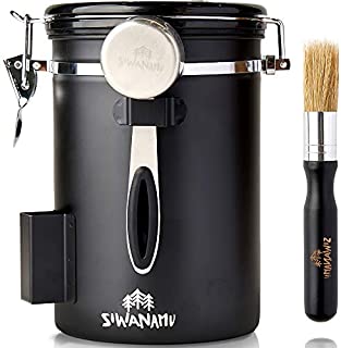 Siwanamu Coffee Canister, Airtight Stainless Steel Food Storage Container with Date Tracker, Brush and Scoop for Beans and Grounds, Flour, Sugar, 22OZ, Black