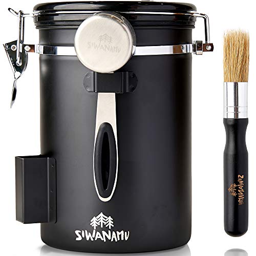 Siwanamu Coffee Canister, Airtight Stainless Steel Food Storage Container with Date Tracker, Brush and Scoop for Beans and Grounds, Flour, Sugar, 22OZ, Black