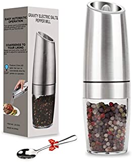 Pepper Grinder, Gravity Electric Pepper MillBattery Operated Automatic Salt Mill with Blue LED Light,One Handed Operation,Adjustable Coarseness,SilverIncluding Stainless Steel Spoon