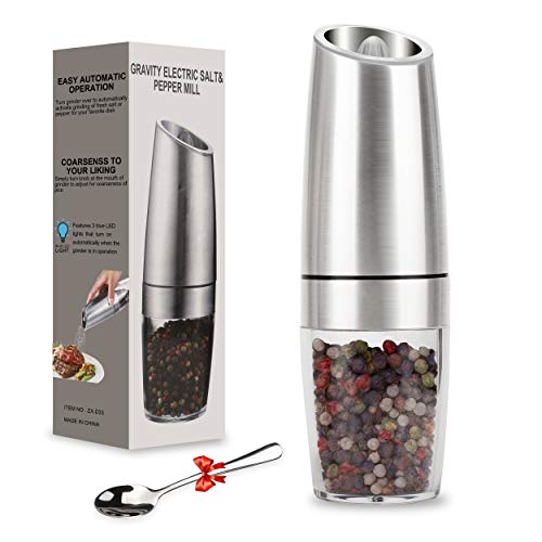 Pepper Grinder, Gravity Electric Pepper MillBattery Operated Automatic Salt Mill with Blue LED Light,One Handed Operation,Adjustable Coarseness,SilverIncluding Stainless Steel Spoon