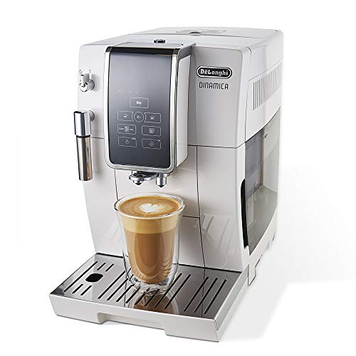 De'Longhi Dinamica Automatic Coffee & Espresso Machine TrueBrew (Iced-Coffee), Burr Grinder + Descaling Solution, Cleaning Brush & Bean Shaped Icecube Tray, White, ECAM35020W