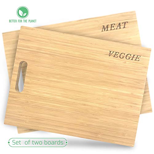 Sophie & Panda Organic Bamboo Cutting Boards for Kitchen - Enable cleaner and safer food preparation - Set of 2 chopping board to separate cutting Meat from Veggie - Cool Unique gift Butcher Block