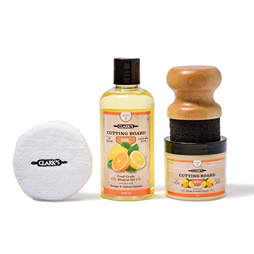 CLARK'S Cutting Board Finishing Kit | Orange-Lemon Scent | CLARK'S Cutting Board Oil (12 oz) - Cutting Board Wax (6oz) - Small Applicator - Buffing Pad