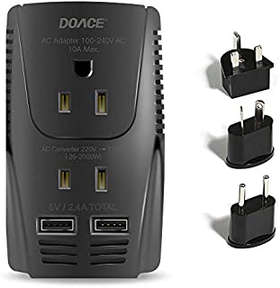 Upgraded DOACE C11 2000W Travel Voltage Converter for Hair Dryer Straightener Curling Iron, Step Down 220V to 110V, 10A Power Adapter with 2 USB and EU/UK/AU/US Plugs for Laptop Camera Cell Phone