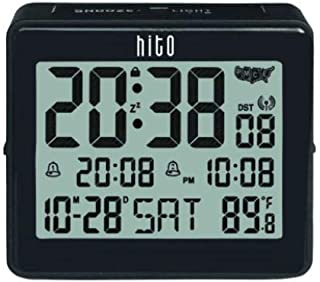 hito Atomic Travel Alarm Clock with Auto Back Light 6 Timezones, Date Day Indoor Temperature- Battery Powered