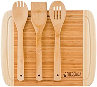 Bamboo Cutting Board Chopping Block - Frederica Trading Premium Bamboo Kitchen Cutting Board Set With Drip Groove, Non-Slip Rubber Feet, and BONUS 3-Piece Bamboo Utensil Set [Excellent Gift!]