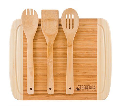 Bamboo Cutting Board Chopping Block - Frederica Trading Premium Bamboo Kitchen Cutting Board Set With Drip Groove, Non-Slip Rubber Feet, and BONUS 3-Piece Bamboo Utensil Set [Excellent Gift!]