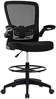 Drafting Chair Tall Office Chair Adjustable Height with Lumbar Support Flip Up Arms Footrest Mid Back Task Mesh Desk Chair Computer Chair Drafting Stool for Standing Desk, Black