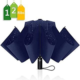 WSKY 12 Ribs Inverted Umbrella Windproof Automatic Folding Umbrella Teflon Coating Canopy Reverse Umbrella Blue