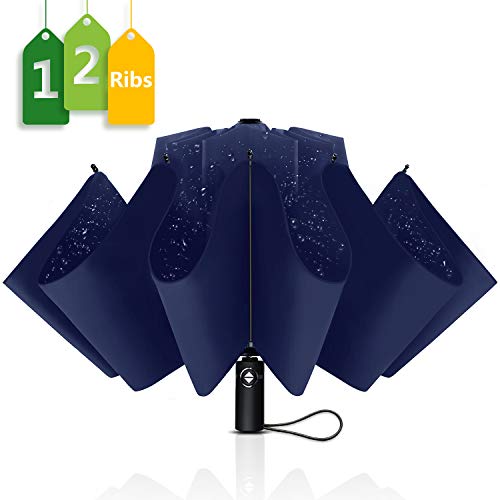 WSKY 12 Ribs Inverted Umbrella Windproof Automatic Folding Umbrella Teflon Coating Canopy Reverse Umbrella Blue