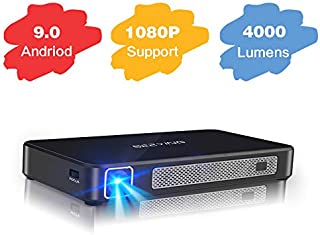 Mini Projector 4000 Lumens Android 9.0 System Portable Projector Support 1080P DLP Smart Video Projector Wireless Screen Share iPhone Laptop HDMI USB 8000mAh Battery 4+16G for Outdoor Gaming Movie