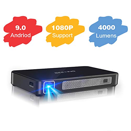 Mini Projector 4000 Lumens Android 9.0 System Portable Projector Support 1080P DLP Smart Video Projector Wireless Screen Share iPhone Laptop HDMI USB 8000mAh Battery 4+16G for Outdoor Gaming Movie