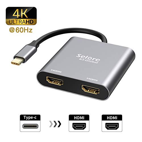 USB C to Dual HDMI Adapter 4K @60hz,Type C to HDMI Converter for MacBook/MacBook Pro 2019/2018,MacBook Air,Chromebook Pixel,LenovoYoga 720/730,Dell XPS 13,Surface Book 2,Samsung Galaxy, etc-Grey