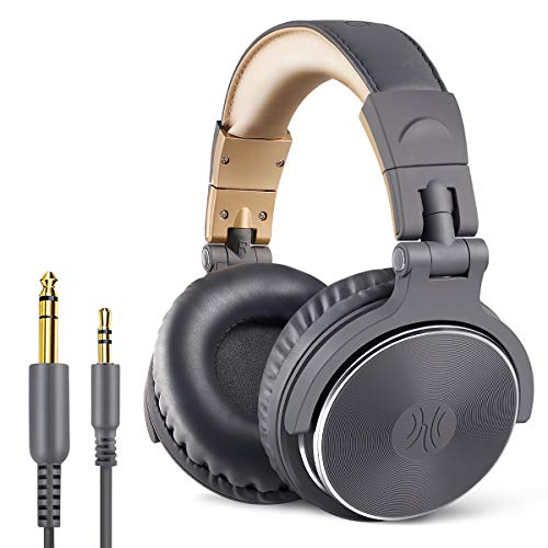 OneOdio Over Ear Headphone, Wired Bass Headsets with 50mm Driver, Foldable Lightweight Headphones with Shareport and Mic for Recording Monitoring Mixing Podcast Guitar PC TV - (Grey)