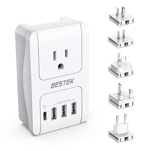 BESTEK International Travel Adapter, 3000W Universal Travel Adapter for Hair Dryer, Curling Iron 30W USB C PD Travel Charger Adapter with Worldwide Wall Plugs for US, UK, AU, EU and Asia, PD 3.0