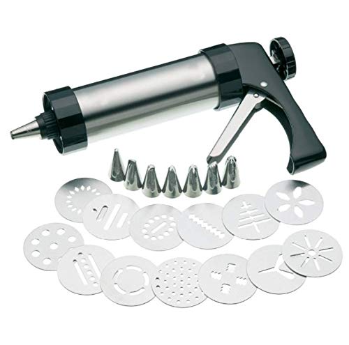 Stainless Steel Cookie Press Gun Kit - with 13 Metal Cookie Press Discs and 7 Icing Tips for Biscuit, Cake DecorationStainless Steel