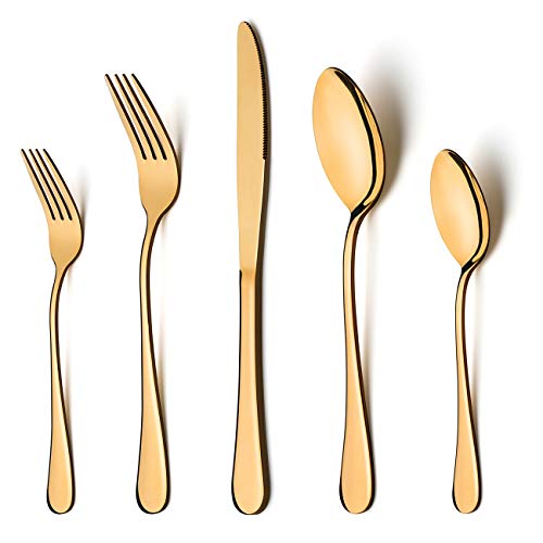 Gold Silverware Set, LIANYU 20 Piece Stainless Steel Flatware Cutlery Set for 4, Gold Mirror Finish, Ideal for Home Wedding Festival Party, Dishwasher Safe