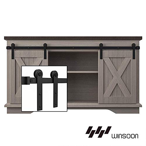 WINSOON 8FT Super Mini Sliding Barn Door Cabinet Hardware Kit for Double Doors TV Stands Small Wardrobe Cabinets, I Shape Hanger (NO Cabinet)