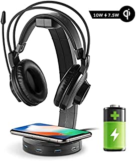 EasyAcc Wireless Charging with Headphone Stand with 18W Output USB 3.0 Charging Port 4 USB HUB Compatible with iPhone XR/Xs Max/XS/X/8/8 Plus, 10W Fast Charging Galaxy S10/S10 Plus/S10E/S9 and More