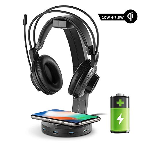 EasyAcc Wireless Charging with Headphone Stand with 18W Output USB 3.0 Charging Port 4 USB HUB Compatible with iPhone XR/Xs Max/XS/X/8/8 Plus, 10W Fast Charging Galaxy S10/S10 Plus/S10E/S9 and More