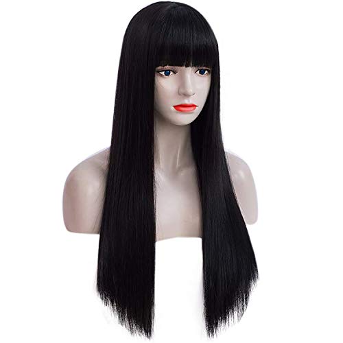 Ebingoo 24 inches Black wig with bangs for black women Long Straight black Wig with Bangs for black Women Synthetic wigs with bangs for Daily Wear Party Cosplay