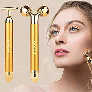 2 in 1 Face Massager Roller 24k Facial Golden Pulse Electric 3D Roller and T Shape Arm Eye Nose Head Massager Instant Face Lift Anti Wrinkles Skin Tightening Face Firming