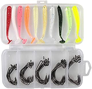 HiBD Fishing Hooks 50pcs High Carbon Steel Fish Hooks Worm Hooks Circle Hooks and Artificial Silicone Soft Baits 10pcs