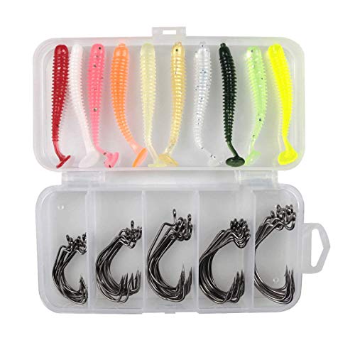 HiBD Fishing Hooks 50pcs High Carbon Steel Fish Hooks Worm Hooks Circle Hooks and Artificial Silicone Soft Baits 10pcs