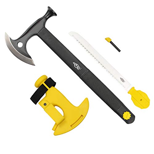 GANZO Firebird Camping Axe Set FSA02-YE 14 inch-Lightweight Portable Multifunctional Small Camp Hatchet Tool with Fiberglass Handle Best Survival Saw and Flint for Camping Hiking Outdoor Adventure