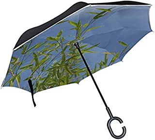 Double Layer Inverted Bamboo Au Gratin Plant Shooting Nature Umbrellas Reverse Folding Umbrella Windproof Uv Protection Big Straight Umbrella for Car Rain Outdoor with C-Shaped Handle