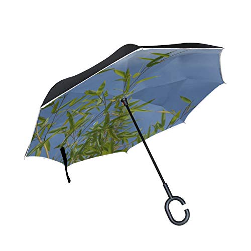 Double Layer Inverted Bamboo Au Gratin Plant Shooting Nature Umbrellas Reverse Folding Umbrella Windproof Uv Protection Big Straight Umbrella for Car Rain Outdoor with C-Shaped Handle