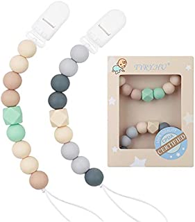 Pacifier Clip Baby Boys Silicone Paci Clip Teething Relief Teether Toy Soothie Binky Holder Chewbeads Birthday Christmas Shower Gift Set of 2 (Beige, Grey)