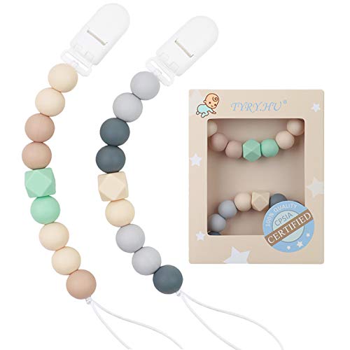 Pacifier Clip Baby Boys Silicone Paci Clip Teething Relief Teether Toy Soothie Binky Holder Chewbeads Birthday Christmas Shower Gift Set of 2 (Beige, Grey)