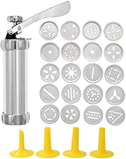 Cookie Press Stainless steel biscuit maker and fritter maker with 20 discs and 4 icing techniques (silver)