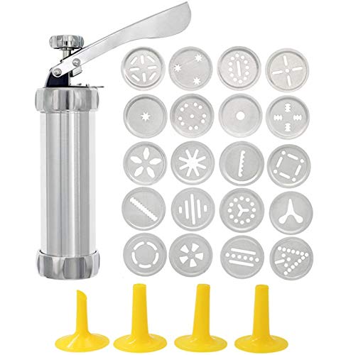 Cookie Press Stainless steel biscuit maker and fritter maker with 20 discs and 4 icing techniques (silver)