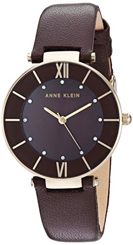 Anne Klein Women's Swarovski Crystal Accented Gold-Tone and Dark Brown Leather Strap Watch, AK/3272GPBN