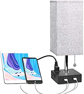 USB Bedside Table Lamp with Outlet, Aooshine Modern Solid Wood Nightstand Lamp with 2 Useful USB Ports & One Outlet, Grey Fabric Shade Ambient Light Desk Lamp for Bedroom, Guest Room or Office