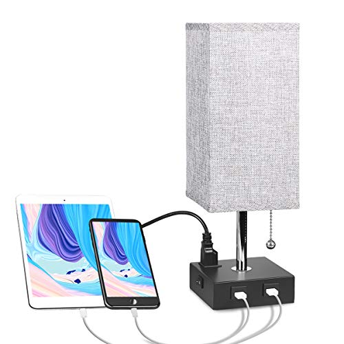 USB Bedside Table Lamp with Outlet, Aooshine Modern Solid Wood Nightstand Lamp with 2 Useful USB Ports & One Outlet, Grey Fabric Shade Ambient Light Desk Lamp for Bedroom, Guest Room or Office