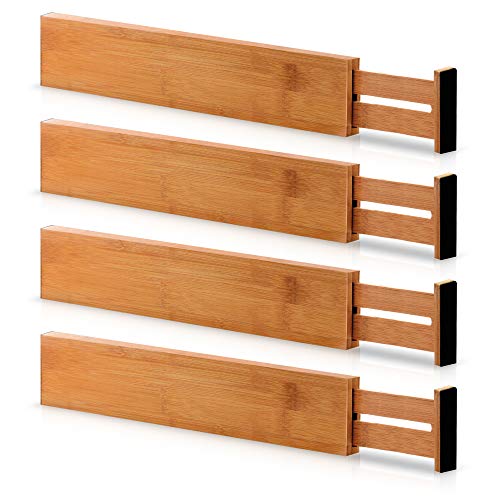 Bamboo Adjustable Drawer Dividers Organizers - Large Expandable Utensil Organizer Separators for Kitchen, Dresser, Bedroom, Baby Drawer, Bathroom & Office, Set of 4 (2.6 Tall, 17.5-22 Inch, Natural)