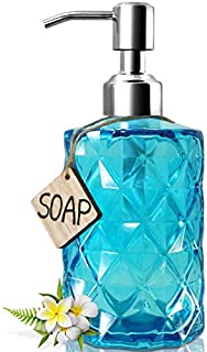 JASAI Diamond Design Soap Dispenser with 304 Rust Proof Stainless Steel Soap Pump, 12 Ounce Kitchen Soap Dispenser for Bathroom, Hand Soap, Dish Soap (Clear Blue)