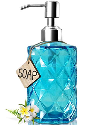 JASAI Diamond Design Soap Dispenser with 304 Rust Proof Stainless Steel Soap Pump, 12 Ounce Kitchen Soap Dispenser for Bathroom, Hand Soap, Dish Soap (Clear Blue)