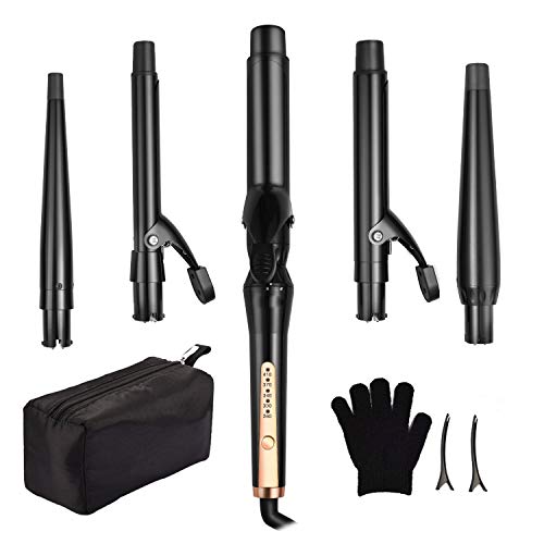 O'Bella 5-in-1 Curling Iron Wand Set, Interchangeable Barrels with Ceramic Tourmaline Coating, Dual Voltage, 5 Temp Setting (260-410) for any Hairstyle