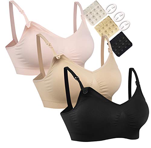 Women's Full Cup Lightly Padded Wirefree Maternity Breastfeeding Nursing Bra Size L, 3PCS/Pack(Pink-Black-Beige)