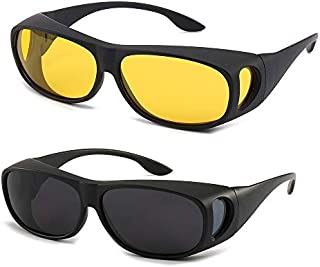 HD Night Day Vision Driving Wrap Around Anti Glare Sunglasses with Polarized Lens for Man and Women (sand black frame black lens+ sand black frame yellow lens))